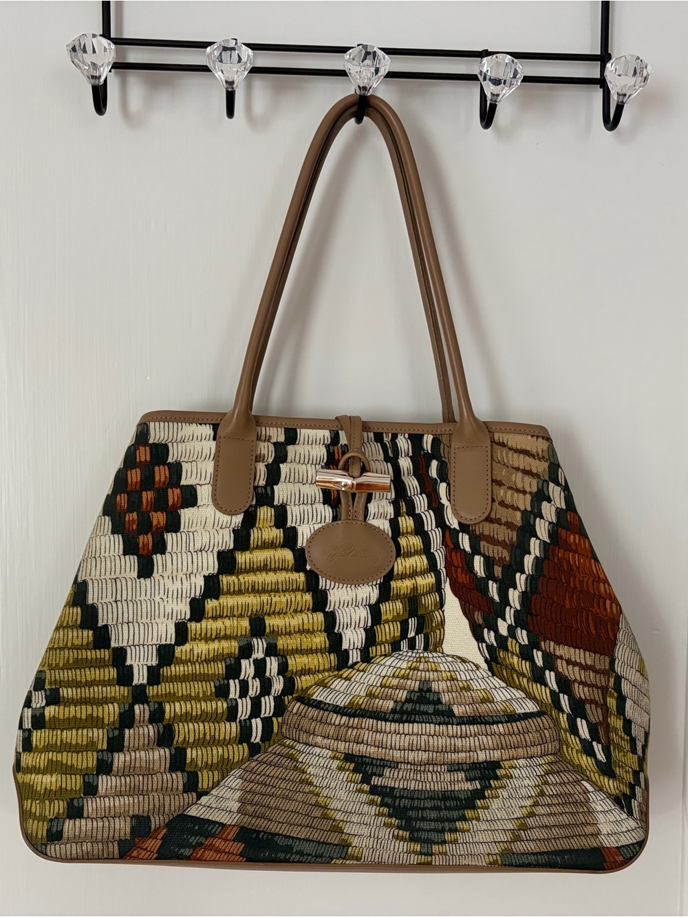 *RARE* Vintage Longchamp Woven Geometric Tote in Tan, Olive & Cream